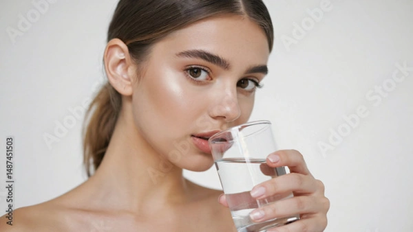 Fototapeta Hydration and Wellness: A portrait of a young woman in a thoughtful pose, her eyes locked on the camera while she drinks water from a clear glass, exuding a sense of purity and healthy habits.