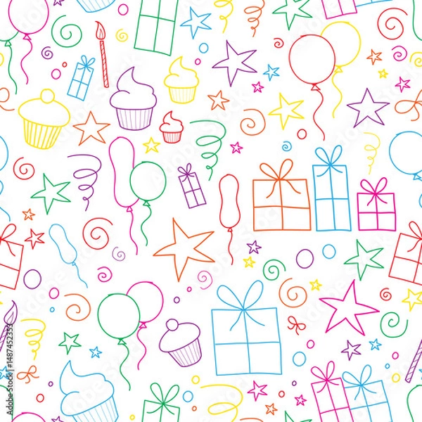 Fototapeta Colorful hand-drawn birthday icons pattern/texture on transparent background