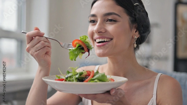 Fototapeta Fresh & Healthy: A radiant individual savors a vibrant salad. capturing the essence of wellness and the joy of a balanced meal.