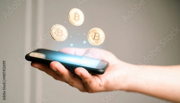 Obraz Digital cryptocurrency concept with floating bitcoin coins above smartphone screen
