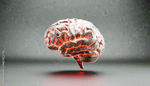 Obraz Rotating D mesh brain illuminating red threat zones one by one across its surface with glowing