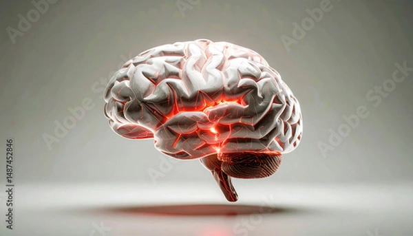 Fototapeta 3D digital brain model with glowing red neural pathways and illuminated threat zones