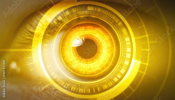 Obraz Close up of glowing yellow eye with digital concentric rings and futuristic scanning effect
