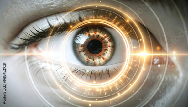 Obraz Close up of human eye with glowing concentric rings and digital scanning effects
