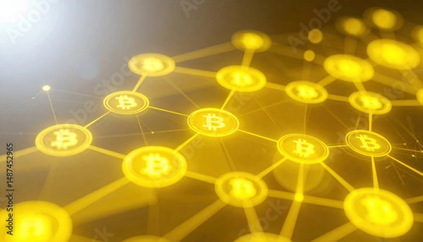 Obraz Cryptocurrency digital network with glowing tokens connected by lines in golden light