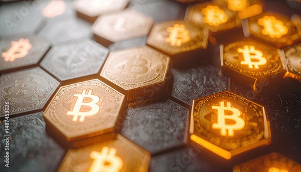 Obraz Close up of glowing hexagonal cryptocurrency coins arranged on dark surface with warm light
