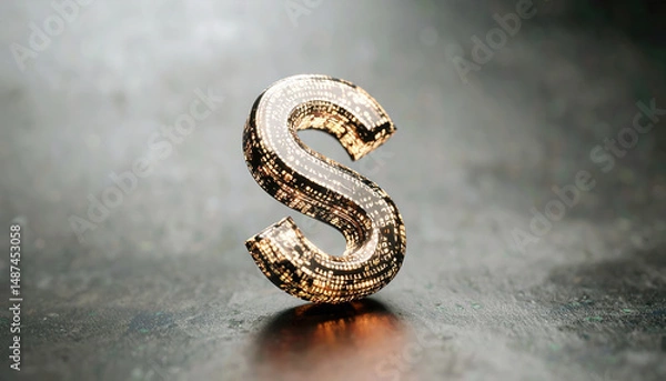 Obraz Glowing letter S with digital code texture standing on reflective surface in soft light