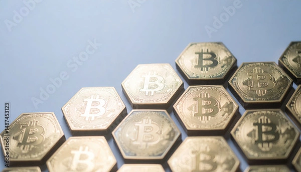 Obraz Golden hexagonal cryptocurrency coins arranged in pattern with soft lighting creating warm glow