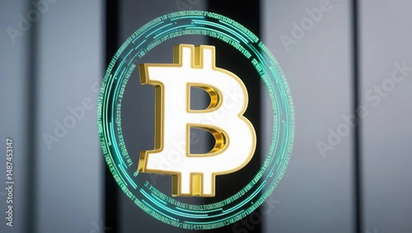 Obraz Glowing digital bitcoin symbol with futuristic code circle on blurred background