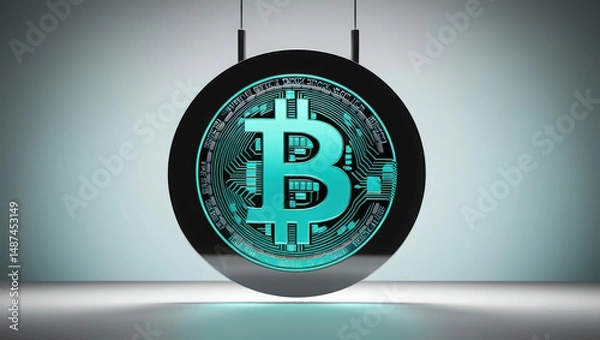 Obraz Glowing digital bitcoin symbol suspended in dark circular frame with soft gradient background
