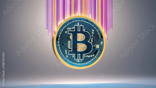 Fototapeta Glowing digital coin with bitcoin symbol and colorful vertical lines above it