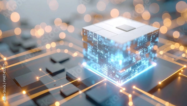 Obraz Glowing digital cube with pixel fragments on circuit board emitting ambient light
