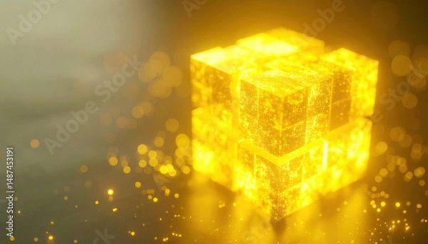 Obraz Glowing yellow cube made of smaller translucent blocks with sparkling light particles