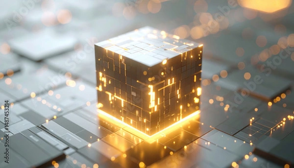 Obraz Glowing futuristic cube with illuminated circuit patterns on metallic surface emitting warm light