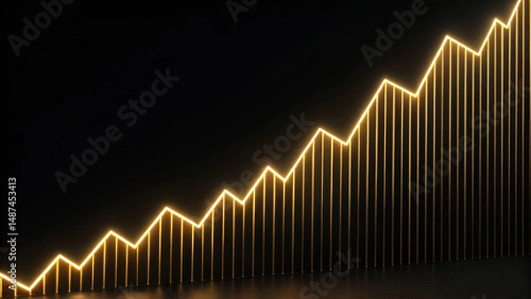 Obraz Golden glowing line graph with upward trend on black background showing growth