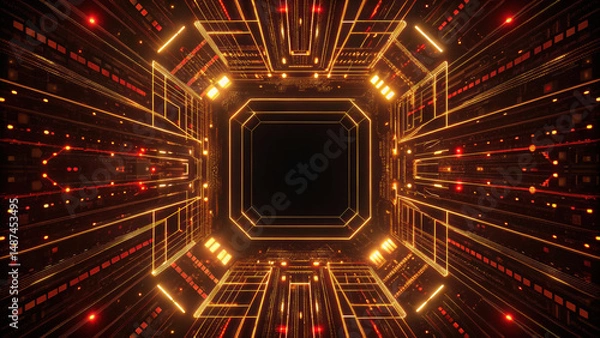 Obraz Glowing golden cybernetic firewall with intricate digital lines and futuristic design