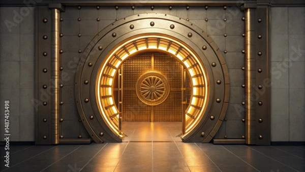 Obraz Golden vault door opening slowly with warm light shining inside secure bank room