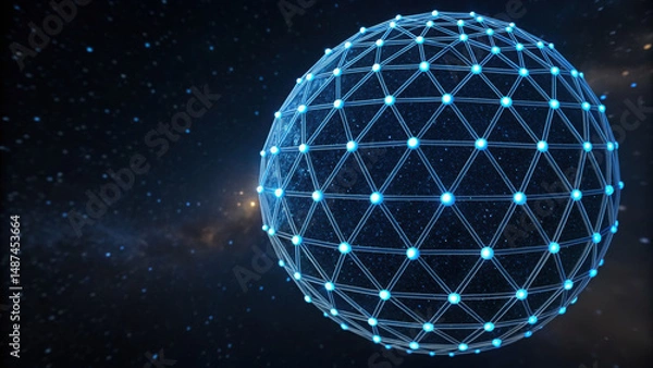 Obraz Glowing blue digital sphere made of interconnected nodes floats in space with cosmic background