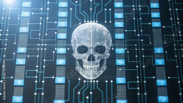 Obraz Digital skull icon emerging from corrupted data with blue circuit board background