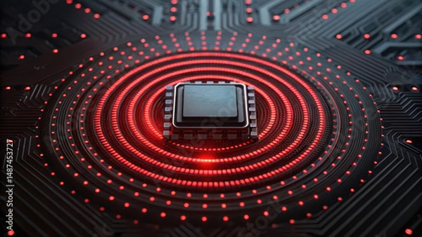 Obraz Close up of futuristic microchip with glowing red circular lights on dark circuit board