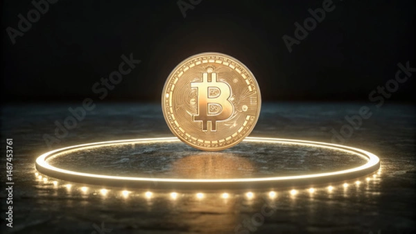 Fototapeta Glowing digital coin floating above circular light ring on dark surface