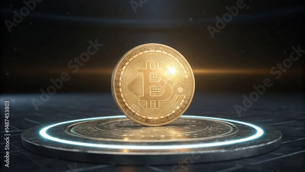 Obraz Glowing cryptocurrency coin floating above circular holographic platform in dark space