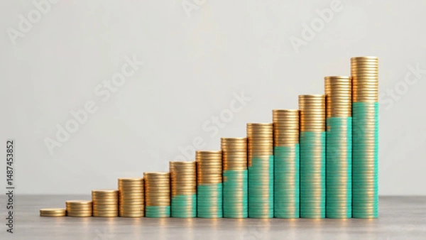 Obraz Stacked gold and green coins arranged in ascending order showing financial growth concept