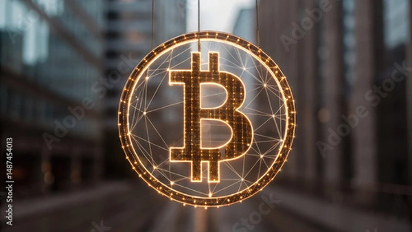 Obraz Stylized glowing cryptocurrency symbol hanging in urban environment with blurred buildings