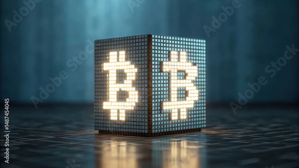 Obraz Cryptocurrency symbol glowing on digital pixel cube with reflective surface and blue background