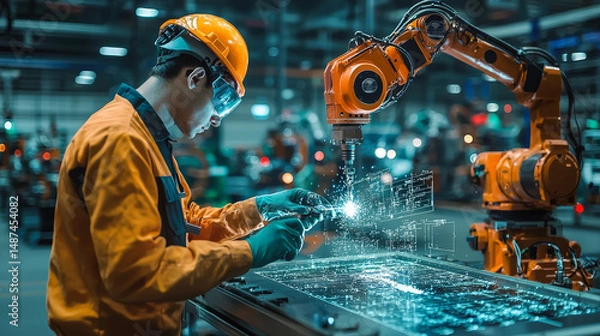 Fototapeta Engineer check and control welding robotics automatic arms machine in factory automotive industrial. Digital manufacturing operation