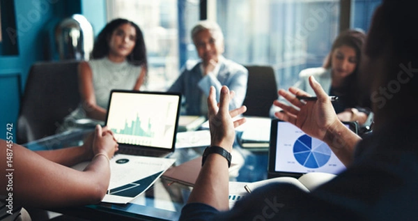 Fototapeta Finance, hands and tablet screen with business people in office boardroom for investment opportunity. Growth, portfolio and presentation with financial team in workplace for wealth management