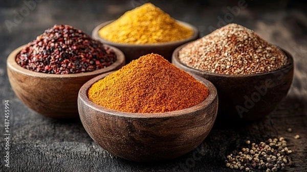 Fototapeta Colorful Spice Powders in Wooden Bowls at a Market