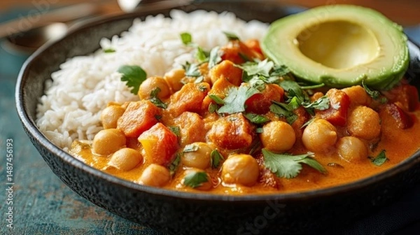 Fototapeta Colorful Vegan Meal with Curry, Chickpeas, and Avocado