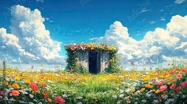 Fototapeta Colorful Wildflower Meadow Beneath Sunny Blue Sky