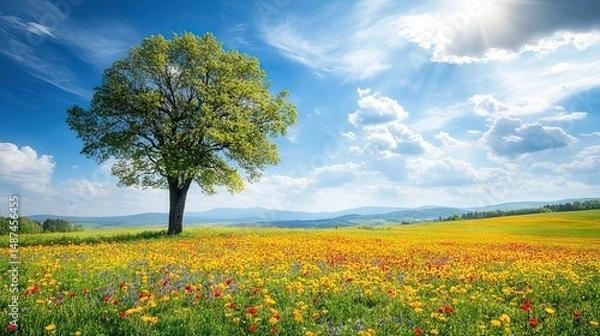 Fototapeta Colorful Wildflower Meadow Beneath Sunny Blue Sky