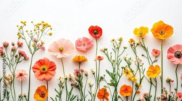Fototapeta Coral-Toned Flowers Posed Against Minimal White Background