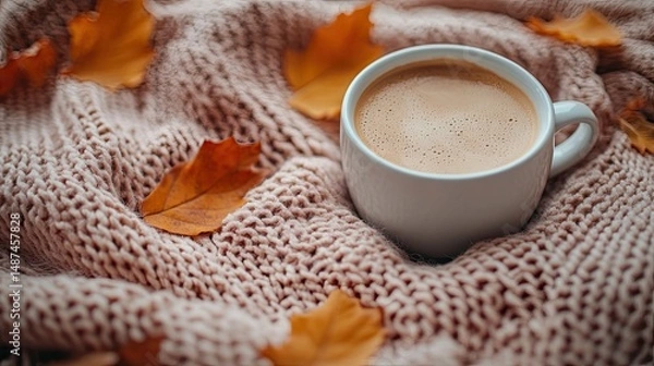 Fototapeta Cozy Autumn Scene with Cream Card, Twine, Blanket, Coffee, and Leaves