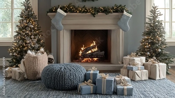 Fototapeta Cozy holiday gifts arranged near a glowing fireplace, evoking warmth and festive spirit