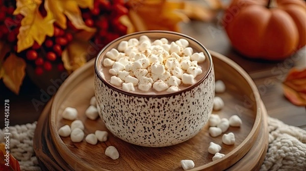 Fototapeta Cozy Hot Chocolate with Marshmallows and Fall Decor