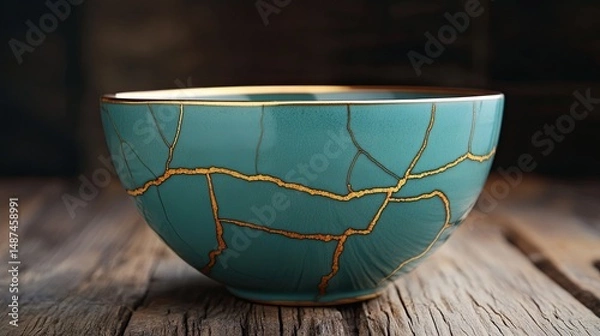 Fototapeta Cracked Teal Ceramic Bowl with Gold Veining on Wooden Table