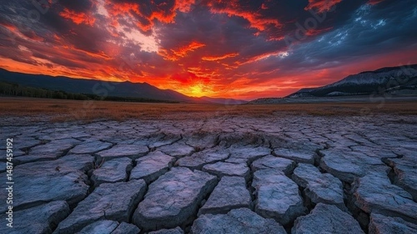 Fototapeta Cracked Terrain Under a Fiery Sunset Sky 