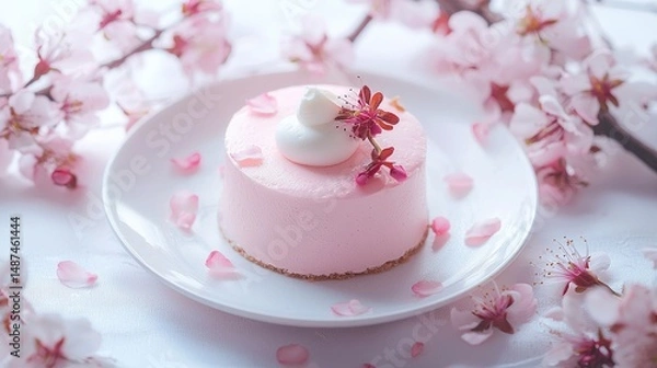 Obraz Exquisite pink blends with soft Japanese colors, placed on an elegant white plate with soft shadows at the edges. Mousse cake is presented 