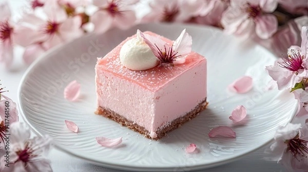 Obraz Exquisite pink blends with soft Japanese colors, placed on an elegant white plate with soft shadows at the edges. Mousse cake is presented in a natural 