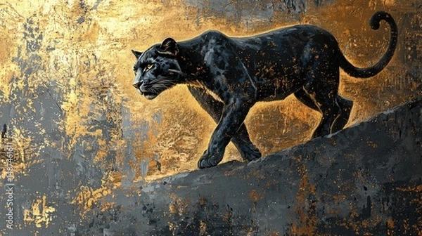 Obraz elegant panther stepping from shadows, oil + gold leaf, deep greys, caramel highlights, mystical atmosphere
