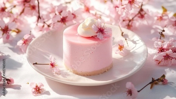 Obraz Exquisite pink blends with soft Japanese colors, placed on an elegant white plate with soft shadows at the edges. Mousse cake is presented in a natural 