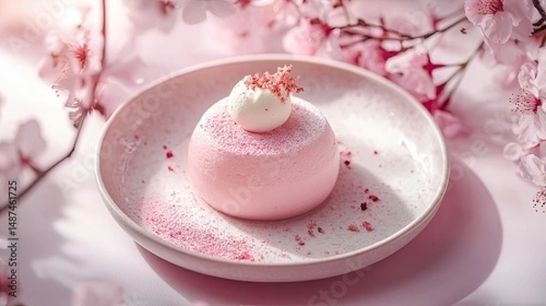 Obraz Exquisite pink blends with soft Japanese colors, placed on an elegant white plate with soft shadows at the edges. Mousse cake is presented in a natural 