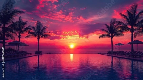 Fototapeta pool, sun loungers or deck chairs under umbrellas with palm trees, sunset sky.