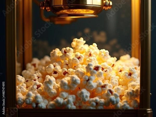 Obraz Fresh, fluffy popcorn fills a golden popcorn machine display.