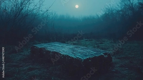 Fototapeta A mystical, quiet scene of a large stone slab in a foggy forest at night.