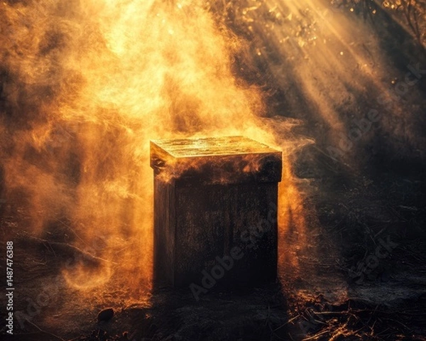 Fototapeta A rustic box shrouded in smoky flames.